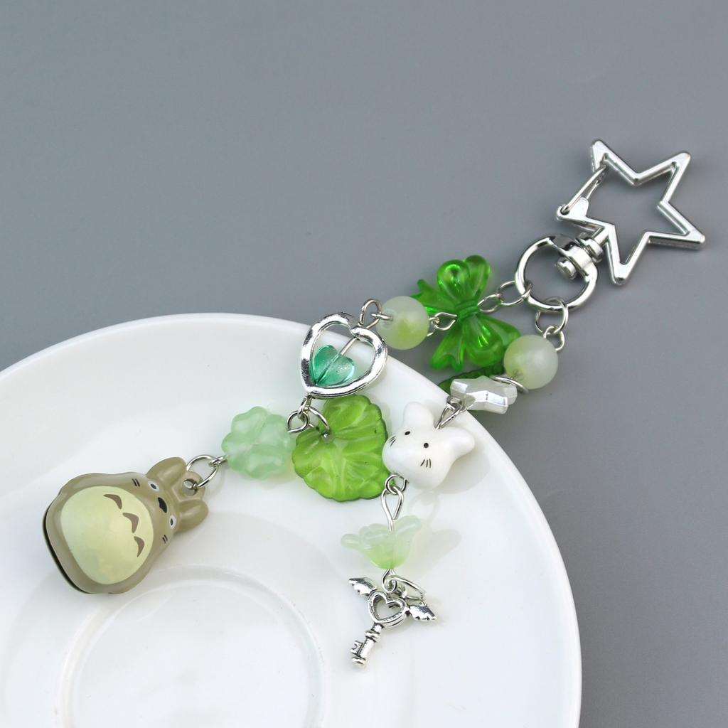Handmade Cat Phone Chain Charm Fairy Core Four Leaf Clover Beaded Keychain Cute Ceramics Cat Keychain Bag Key Ring