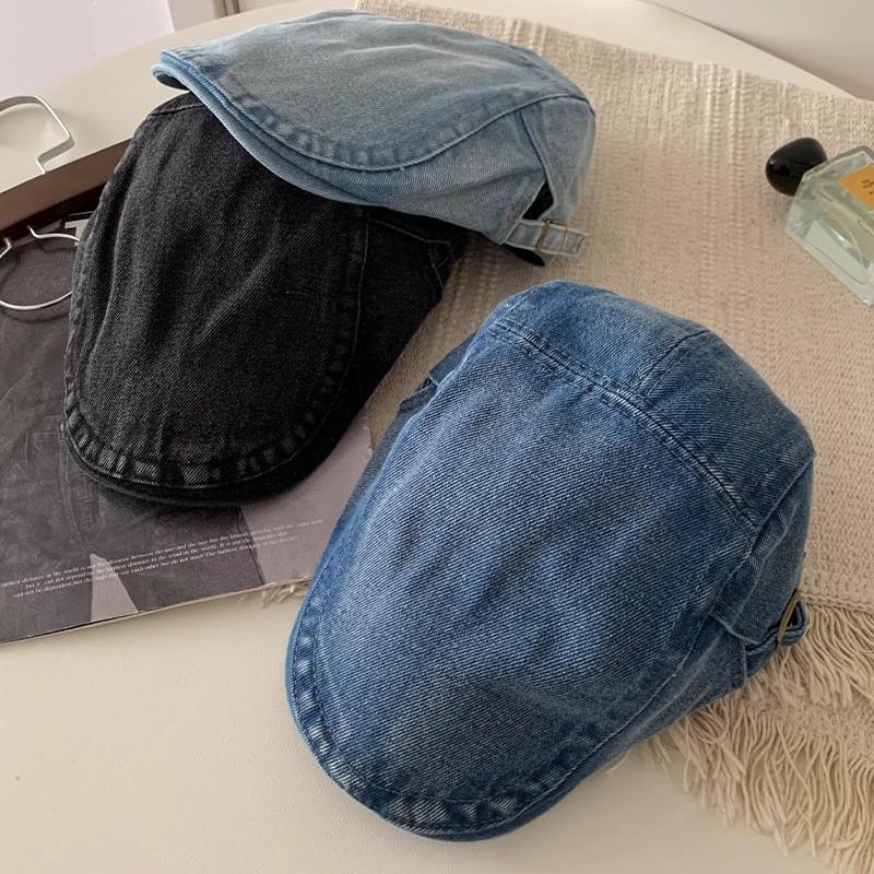 Retro Harajuku Style Washed Denim Forward Hat For Men And Women Spring Summer Casual Versatile Show Face Small Literary Berets