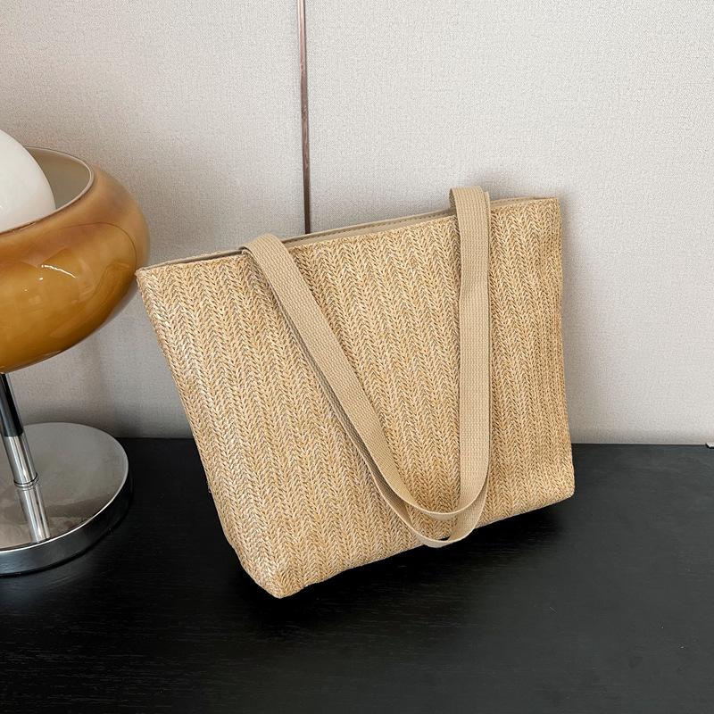 Simple Solid Color Large Capacity Woven Straw Shoulder Tote Bag For Women Daily Use