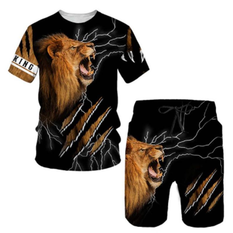 Летняя мужская футболка с 3D принтом и шорты, комплект свирепого льва, мужская спортивная одежда, спортивный костюм с круглым вырезом и коротким рукавом, классная мужская одежда