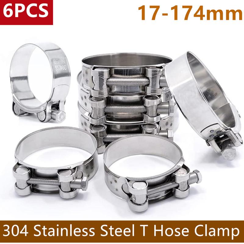 6PCS 304 Stainless Steel Hose Clamps T Bolt Exhaust Pipe Clip 17-174mm Heavy Duty Turbo Intercooler Adjustable Pipe Tube Clamps