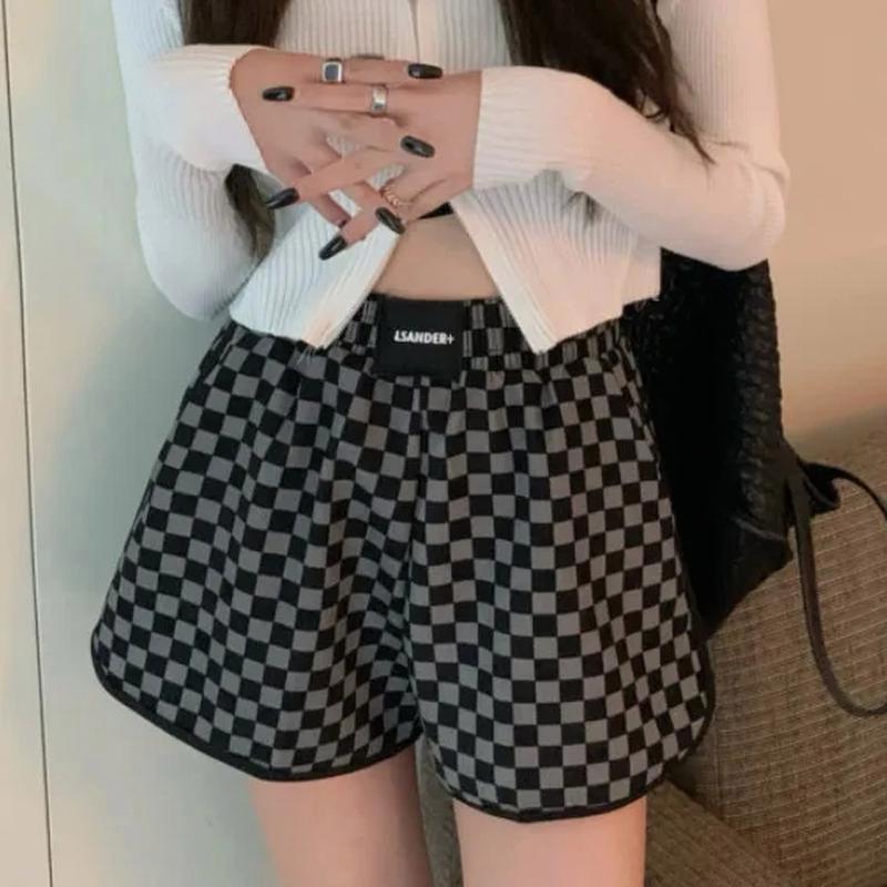 Повседневные женские шорты в шахматном порядке, свободные модные женские спортивные шорты с высокой талией и широкими штанинами, универсальные женские спортивные шорты