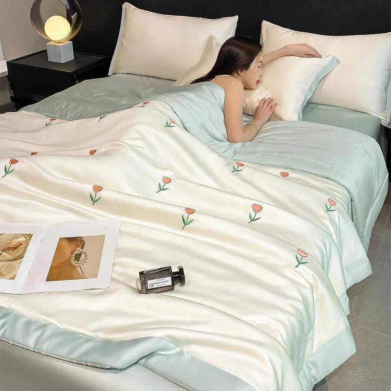 Высококачественное вышитое весенне-летнее одеяло, комплект из 4 или 3 или 1 роскошное приятное для кожи летнее одеяло, легкое одеяло