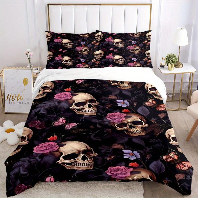 3pcs Skull Floral Pattern Bedding Set, Ideal for Home Use, Suitable for Bedroom Decor (1*Duvet Cover + 1/2*Pillowcases, No Core) yy250821189