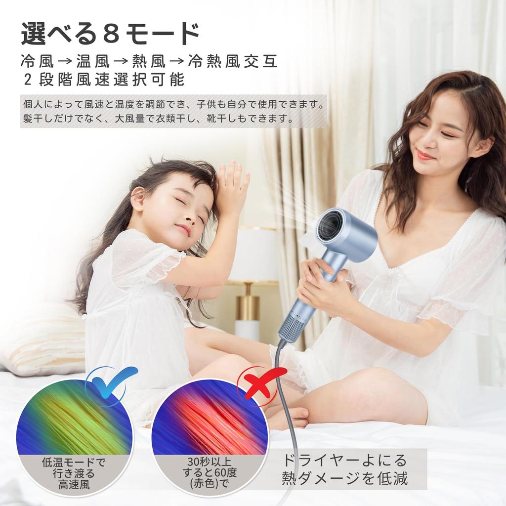 Фен Большой объем воздуха Фен для волос с отрицательными ионами YOUMAY Фен для волос 200 миллионов отрицательных ионов высокой концентрации 1300 Вт Большой объем воздуха Быстрая сушка 8