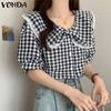 Women Doll Collar Short Sleeve Plaid Print Buttons Up Summer T-shirts Tops