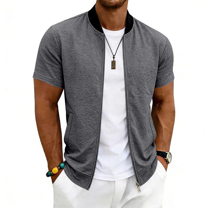American Style Summer Casual Men S Stand Collar Short Sleeve Zip Baseball Jacket