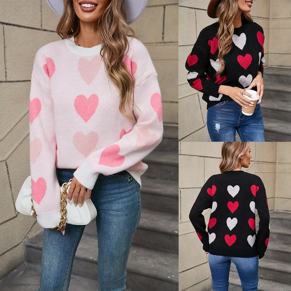 Зимний женский свитер Love Valentine's Day Pullover Large Peach Heart Color Clash Sweater
