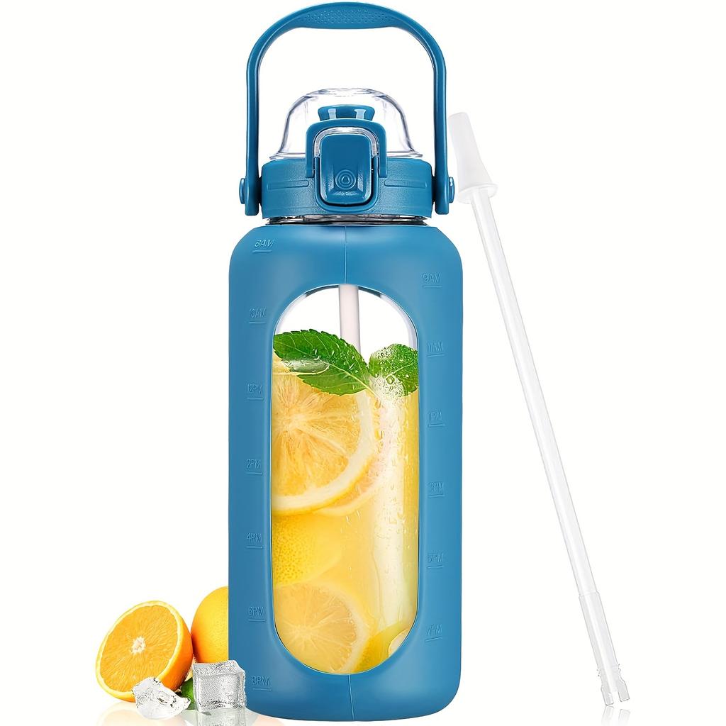 64oz Glass Water Bottles With Straw And Lid Half Gallon Water Bottle With Time Marker Leakproof Glass Water Bottles With Silicone Sleeve