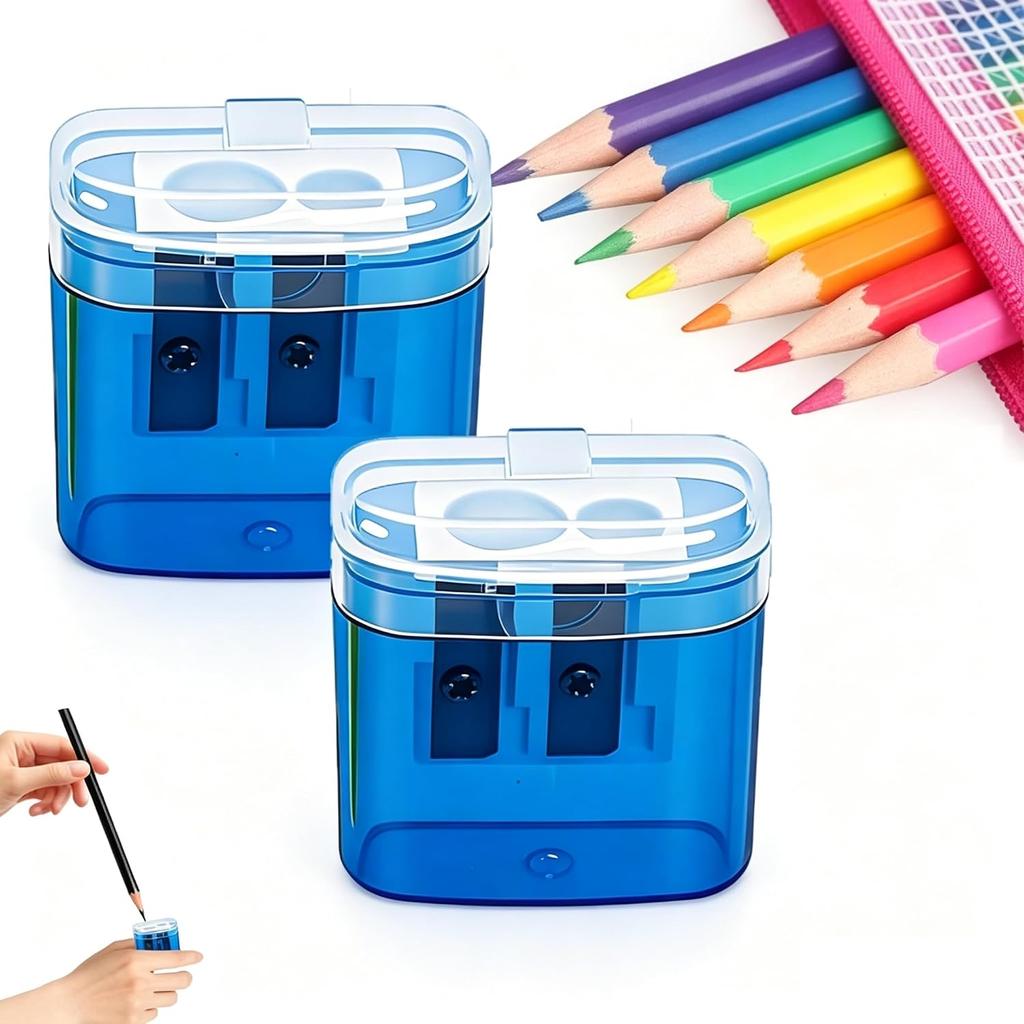 Improved manual pencil sharpeners with double hole in color 2 blue Compact handheld for kids and adults school and office use students and hom