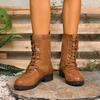 Women's Wide Width Mid-Calf Boots, Front Lace Up Roman Style Leather Boots, European Retro Casual Ankle Booties