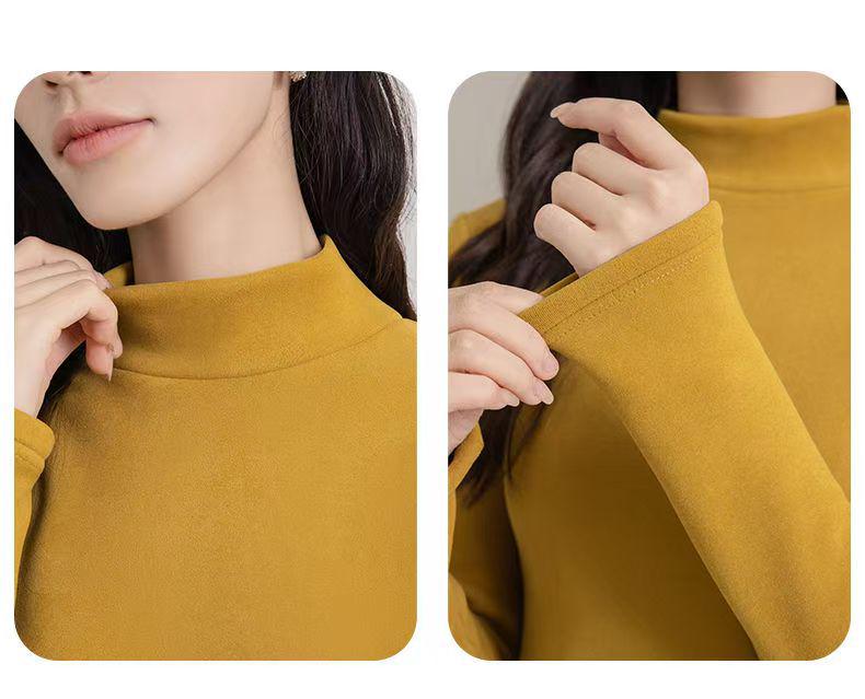 Camel Wool Women's Thick Fleece-Lined Semi-High Neck Top for Autumn/Winter