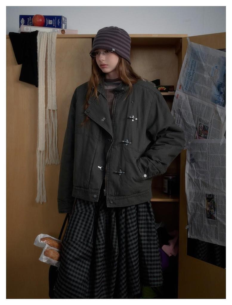 Trendy Unisex Retro Washed Metal Bit Workwear Jacket - Winter Stand Collar Cotton Coat