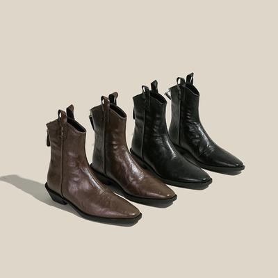 Ретро ботильоны на массивном каблуке V-образного выреза из жатой кожи - Женский осенне-зимний стиль