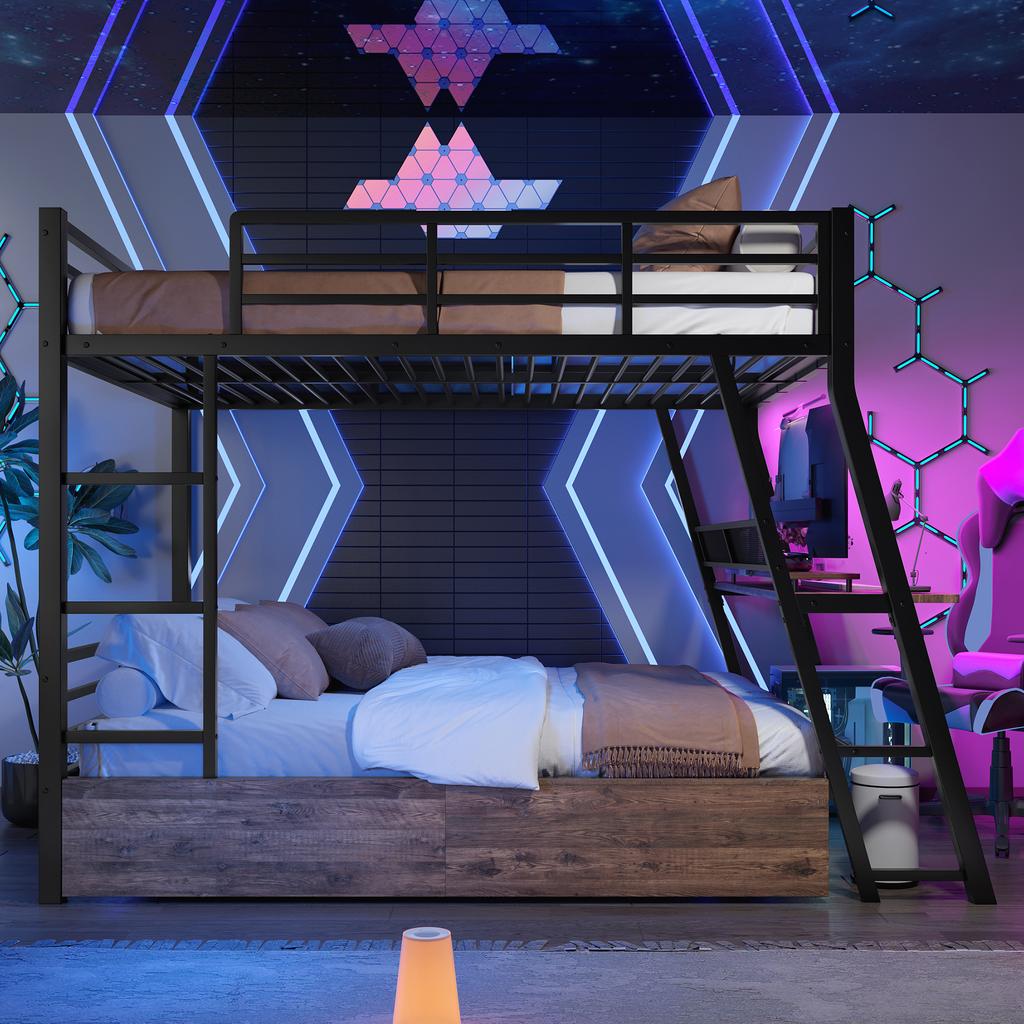 Loft Bed, 140 x 200cm, Iron Frame, LED Strip, Drawers, Railing, Stairs, Desk, without Mattress, Black