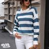 Spring and Autumn Striped Knit Sweater Round Neck Clashing Color Knit Sweater Women's Blouse Tops