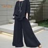 2 Pcs/Set Women Top Pants Set Round Neck Retro Long Sleeves Blouse Wide Leg Elastic Waist Trousers Daily Leisure Loose Outfit