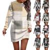 Women's Round Neck Geometric Patchwork Printed Long Sleeve Hip Dress Sweatshirt Dresses