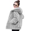 Winter Women Jacket Thick Plush Faux Rabbit Fur Mid Length Hooded with Pockets Long Sleeves Windproof Zip-up Cardigan Coat