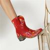FOREADA Women Ankle Boots Square Toe Thick High Heel Embroider Western Short Boot Ladies Fashion Shoes Autumn Winter Wine Red 46