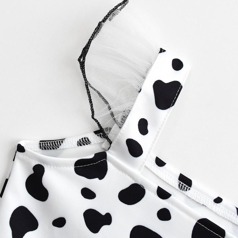 Halloween Spotted Dog Dalmatian Costume for Girls Character Polka Dots Dress Mesh Fly Sleeve Ruffle A-line Ballet Dance Dress