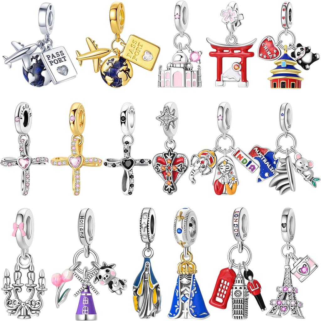 Building Series Copper Charms Eiffel Tower Castle Cherry Blossom Fit Travel Charm Bracelets Women Diy Jewelry Gifts