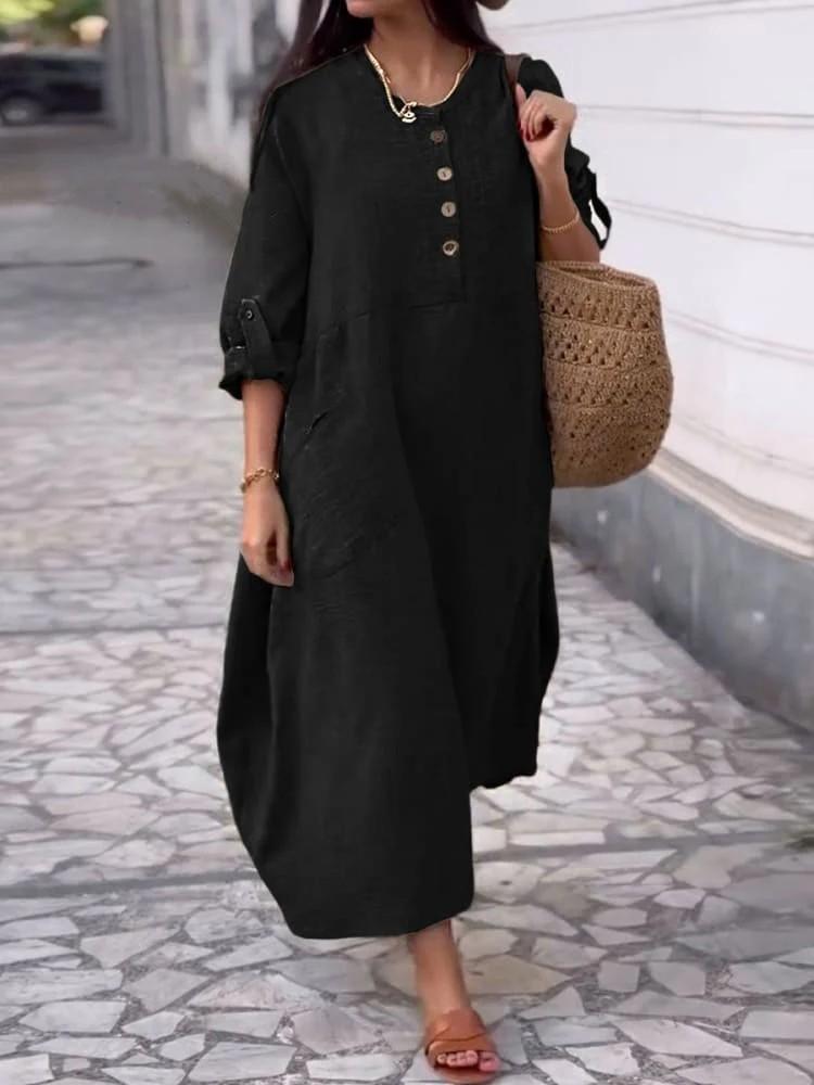 Casual Loose O Neck Pocket Women's Cotton Linen Dresses Spring Summer Solid Color Simple Female Vacation Dress