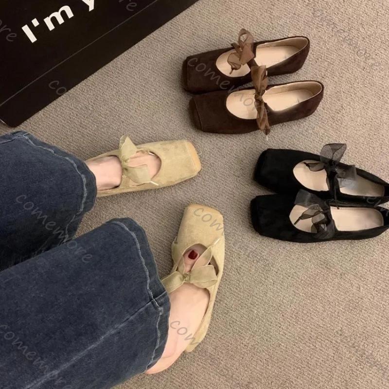 Мода Comemore Французский Ретро Стиль Балетки Одинарные Туфли Женские Квадратный Носок Мягкая Подошва Туфли Мэри Джейн Однотонные На Шнуровке Повседневные Балетки
