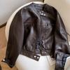 Vintage Style Motorcycle PU Short Loose Jacket Women's Spring/Autumn Retro Wide Collar PU Leather Short Loose Jacket