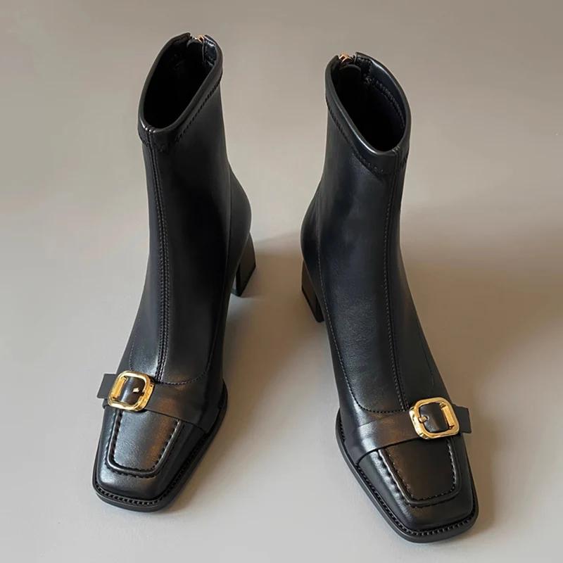 Leather Women Ankle Boots Square Toe Designer Buckle Mid Heels Shoes 2025 Trend Winter Fashion Chunky Pumps Goth Botas De Mujer