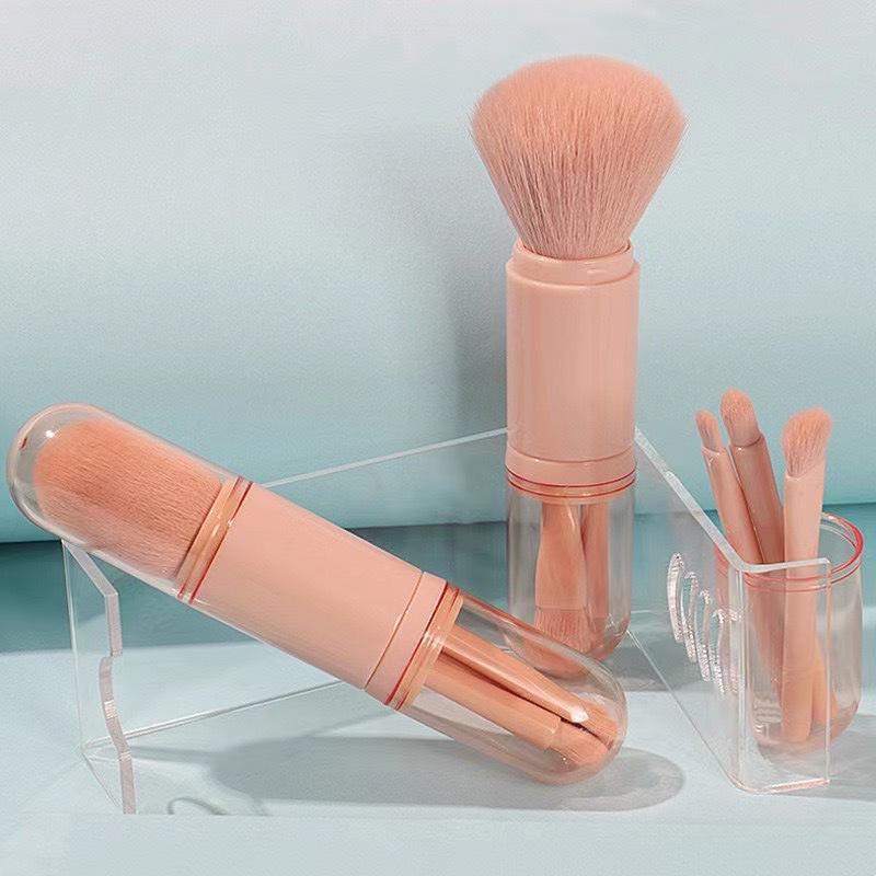 Portable 4-in-1 Retractable Makeup Brush: Blush, Eye Shadow, Multi-functional Tool with Cover.