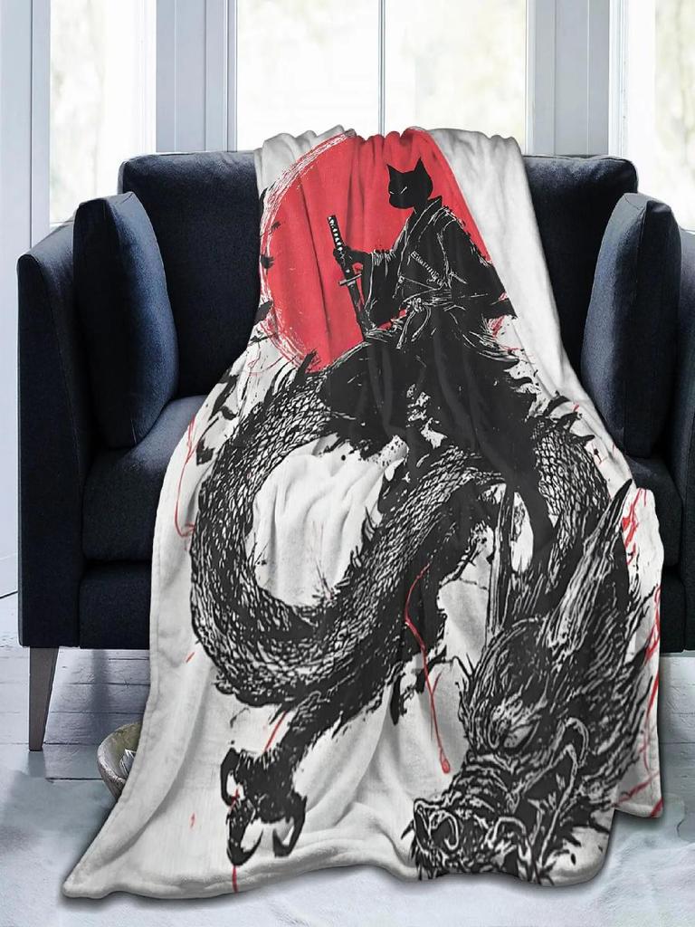 Ukiyoe Samurai Japanese Ink Art Cat Blanket Flannel Autumn Winter Vintage Thin Throw for Bed Sofa