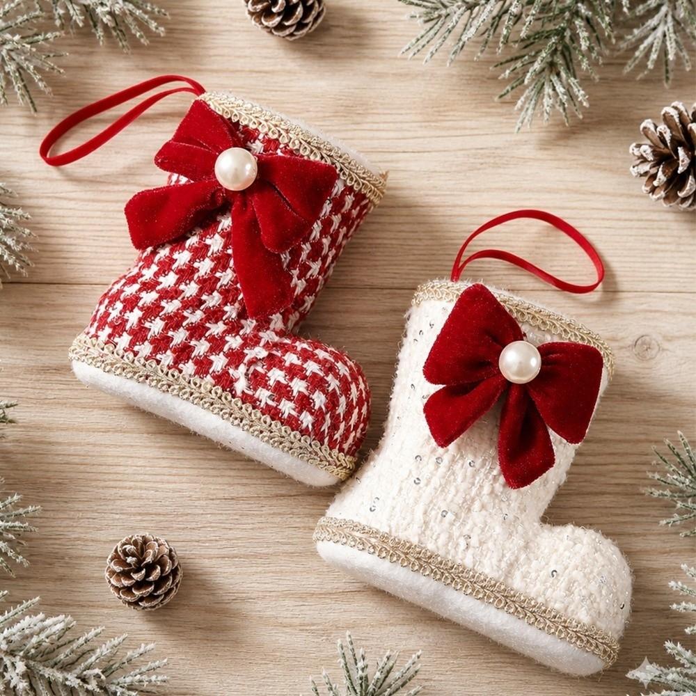 Bowknot Christmas Boots Pendant Grid Pattern Xmas Tree Hanging Pendant Christmas
