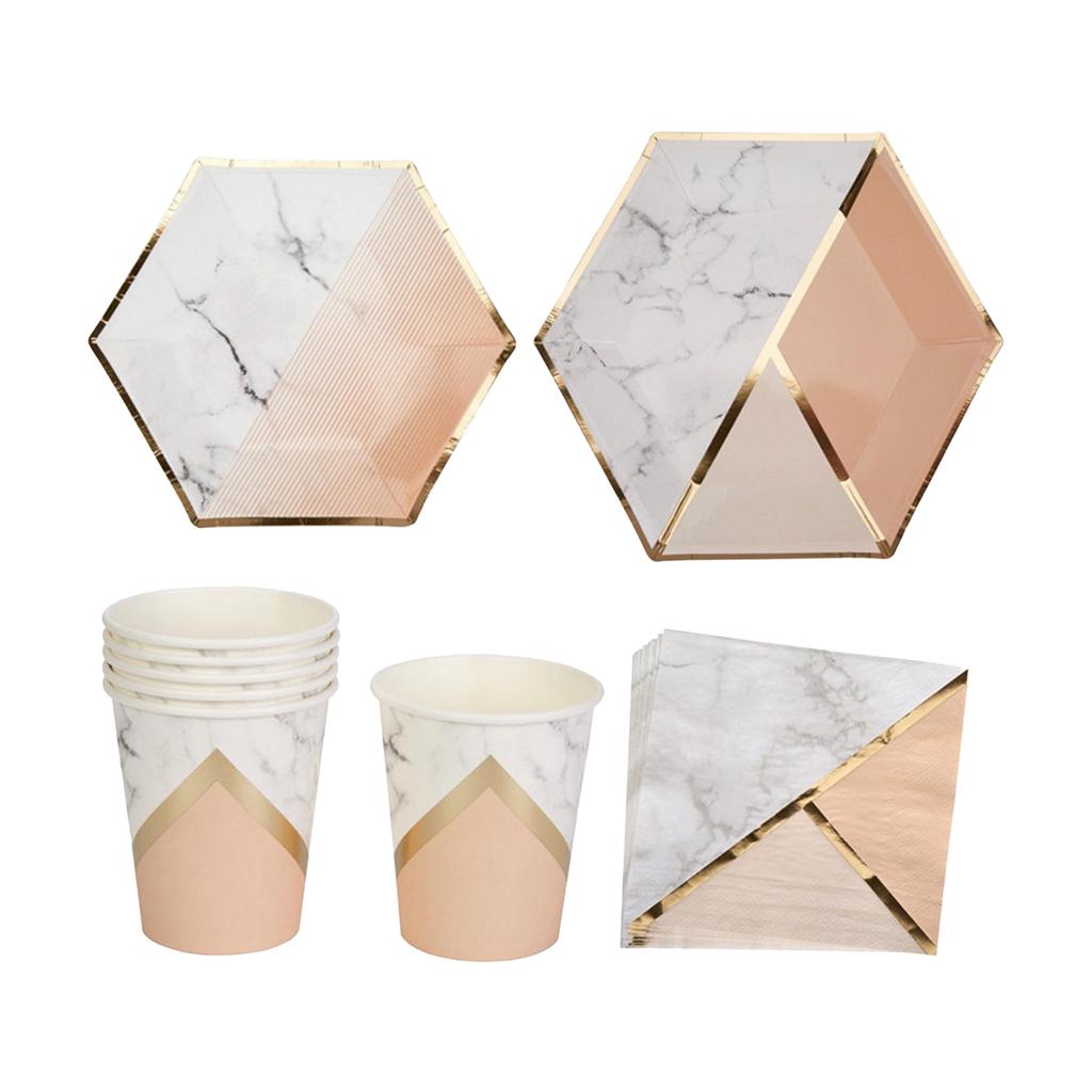 Набор одноразовой посуды на 8 гостей. Одноразовая бумажная посуда с мраморным узором. Шестиугольные тарелки.
