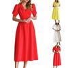 Women's Fashionable Solid Color Retro V Neck Short Sleeve Slim Fit Dress