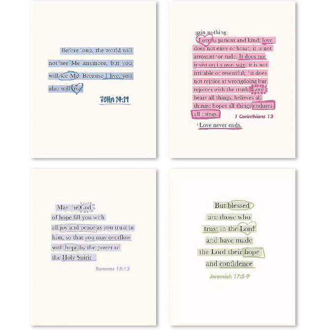 FGFK Girly Pink Christian Wall Art Prints Set of 4, Lamentations 3:23 Psalm 16:11 Psalm 27:1 Bible Verse Preppy Posters Pictures Wall Decor for Girls