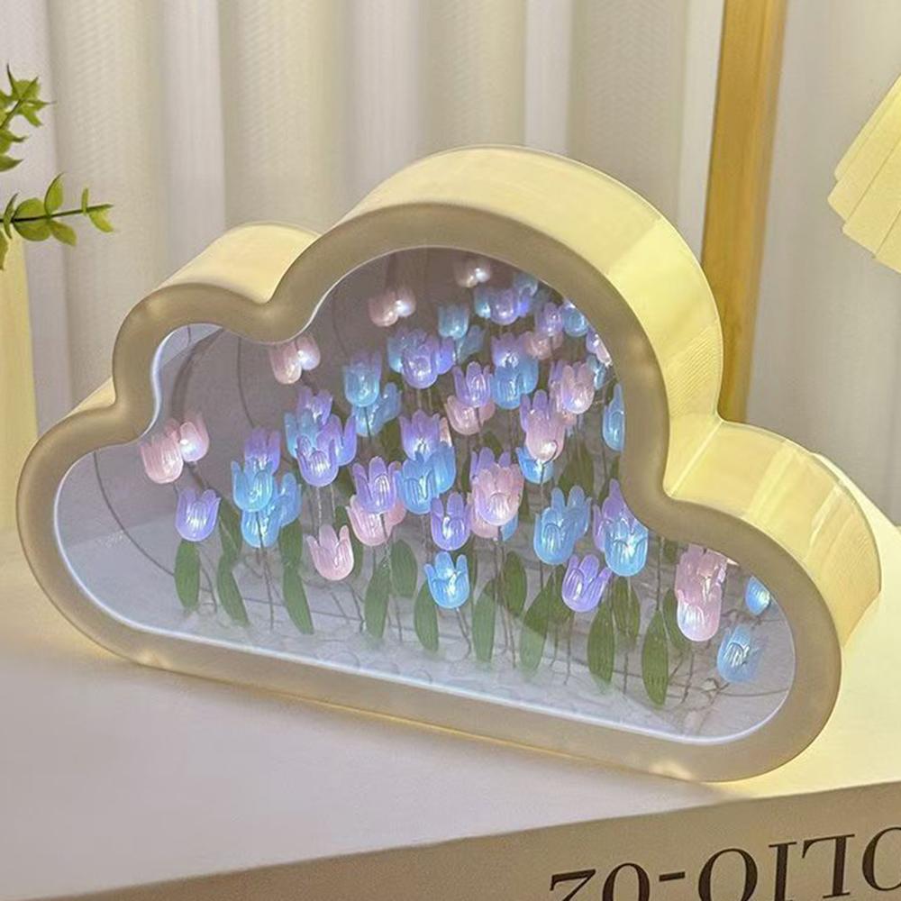 DIY Handmade Cloud Tulip Night Light Mirror Atmosphere Light Desktop Ornament,Battery Operated