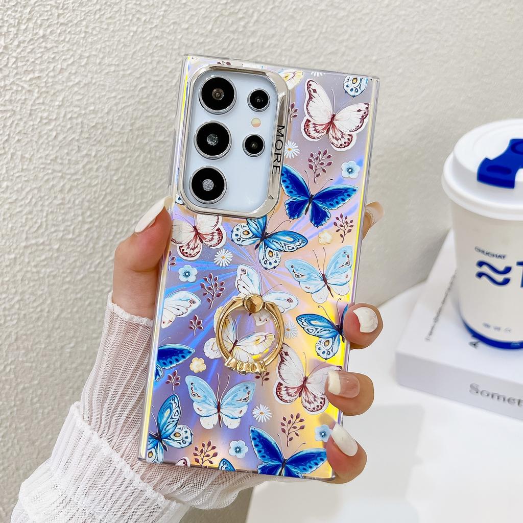Чехол для мобильного телефона Samsung S25ultra с лазерным узором «Бабочка», гальванизированный, с кольцом-подставкой S24Plus, защитный чехол A56