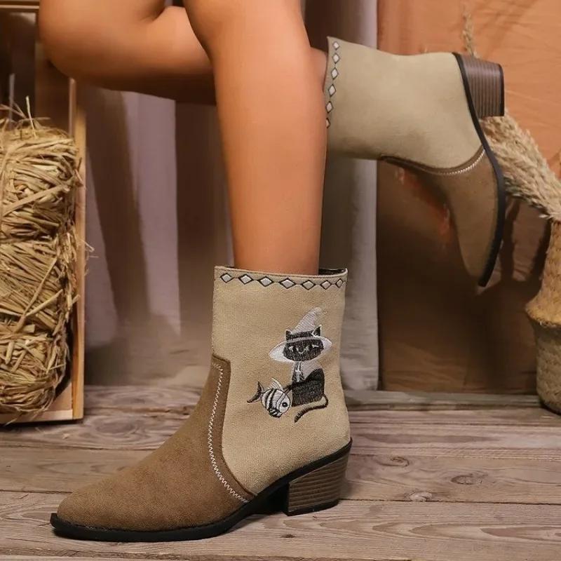 Fashion 2024 New Ladies Shoes Sleeve Women's Boots Autumn Pointed Toe Mixed Colors Middle Tube Chunky Heels Large Size Fashion Boots