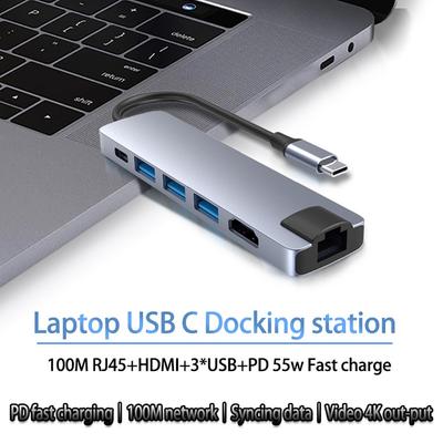 Док-конвертер USB C HUB 6 в 1 USB 3.0 4K HDMI-совместимый адаптер Type-C 55 Вт PD зарядный адаптер RJ45 Multi USB Station