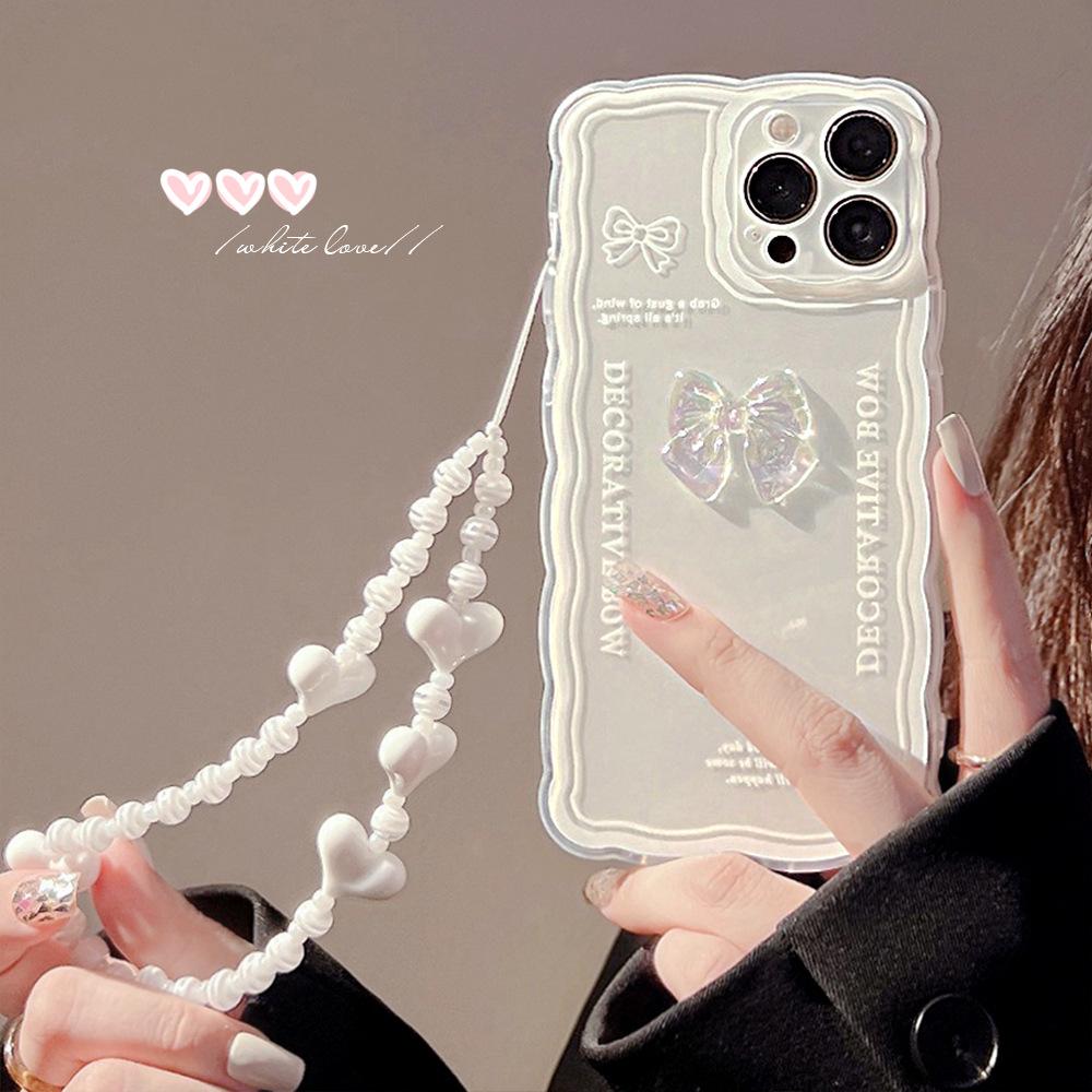 Ice Transparent Bow Iphone16ro Max Mobile Phone Case 14 Apple 15 Suitable for 11 Love 12 Lanyard X