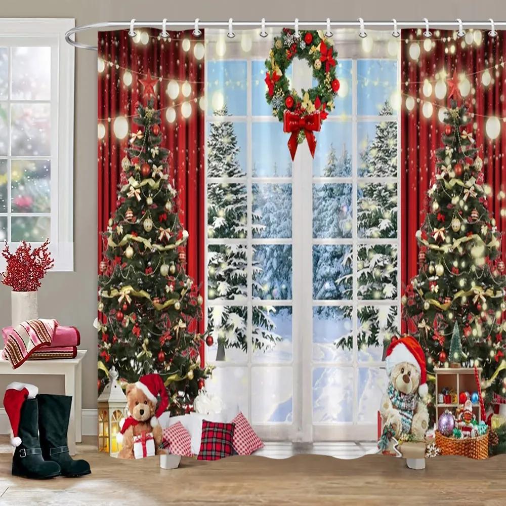 Рождественская вечеринка Занавески для душа Камин Рождественская елка и подарки Снеговик Снежная сцена Моющаяся занавеска для душа Арт Декор для ванной