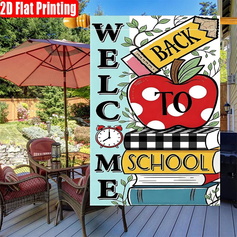 2D Flat - 2D Flat, 1pc Welcome Back to School Banner with Apple And Books Print - Double-Sided Garden Flag, Outdoor Decoration, Lawn, Flag solely, 2D