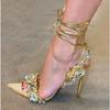 Fashion Sexy Ankle Strap Golded Sandals Women Party Nightclub Stripper Heels High Quality Crystal Diamond Pointed Toe Wedding Shoe