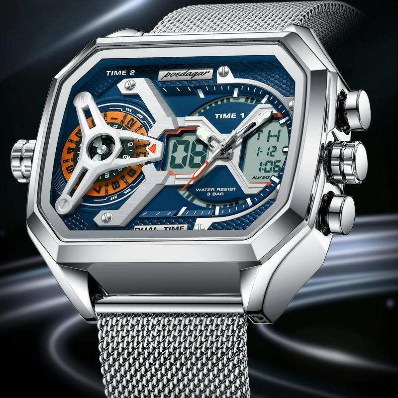 POEDAGAR Новые Роскошные Мужские Часы с Двойным Дисплеем, Дата, День Недели, Люминесцентные Светодиодные Мужские Часы, Сетчатый Ремешок, Электронные Спортивные Мужские Кварцевые Часы