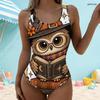 Women Plus Size Scoop Neck Wide Straps High Cut One Piece Cartoon Owl Printed Swimsuit