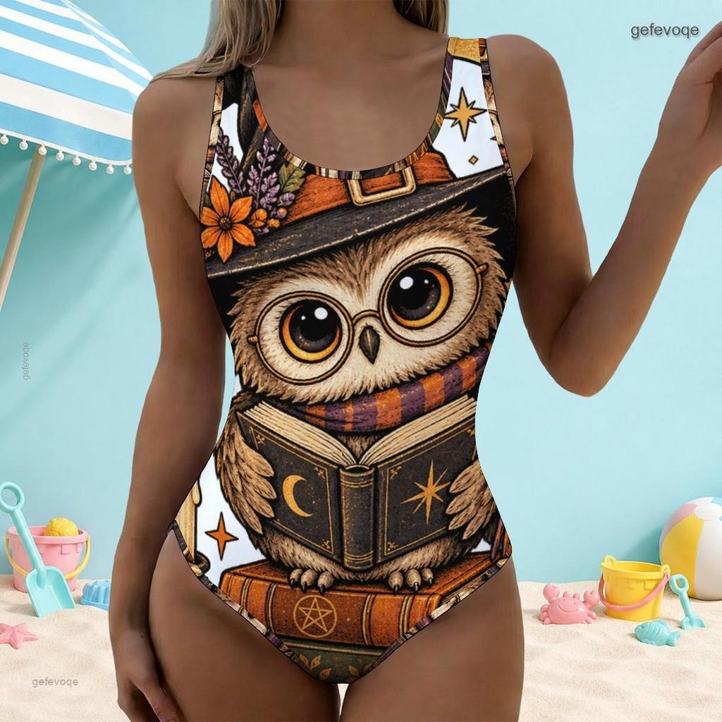 Women Plus Size Scoop Neck Wide Straps High Cut One Piece Cartoon Owl Printed Swimsuit