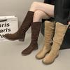 Pile Boots Vintage Suede Khaki Boots 2025 Women's Boots French Autumn Skinny Boots Thick Heel High Boots