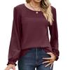 Women Tops Round Neck Puff Long Sleeve Solid Color Tee Shirt with Waffle Decoration Solid Color Loose Fit T-shirt