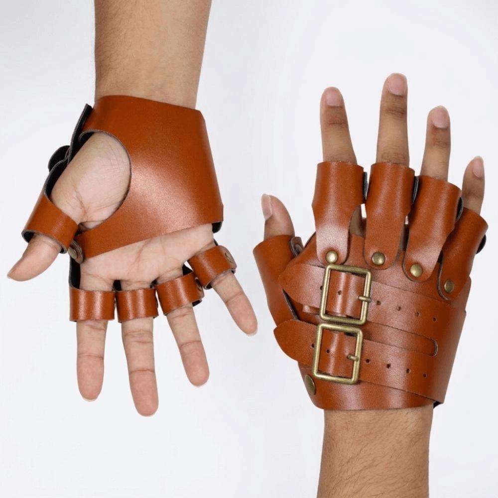 Furry Fingerless Gloves Faux Fur Gauntlet Vintage PU Leather Mittens Viking
